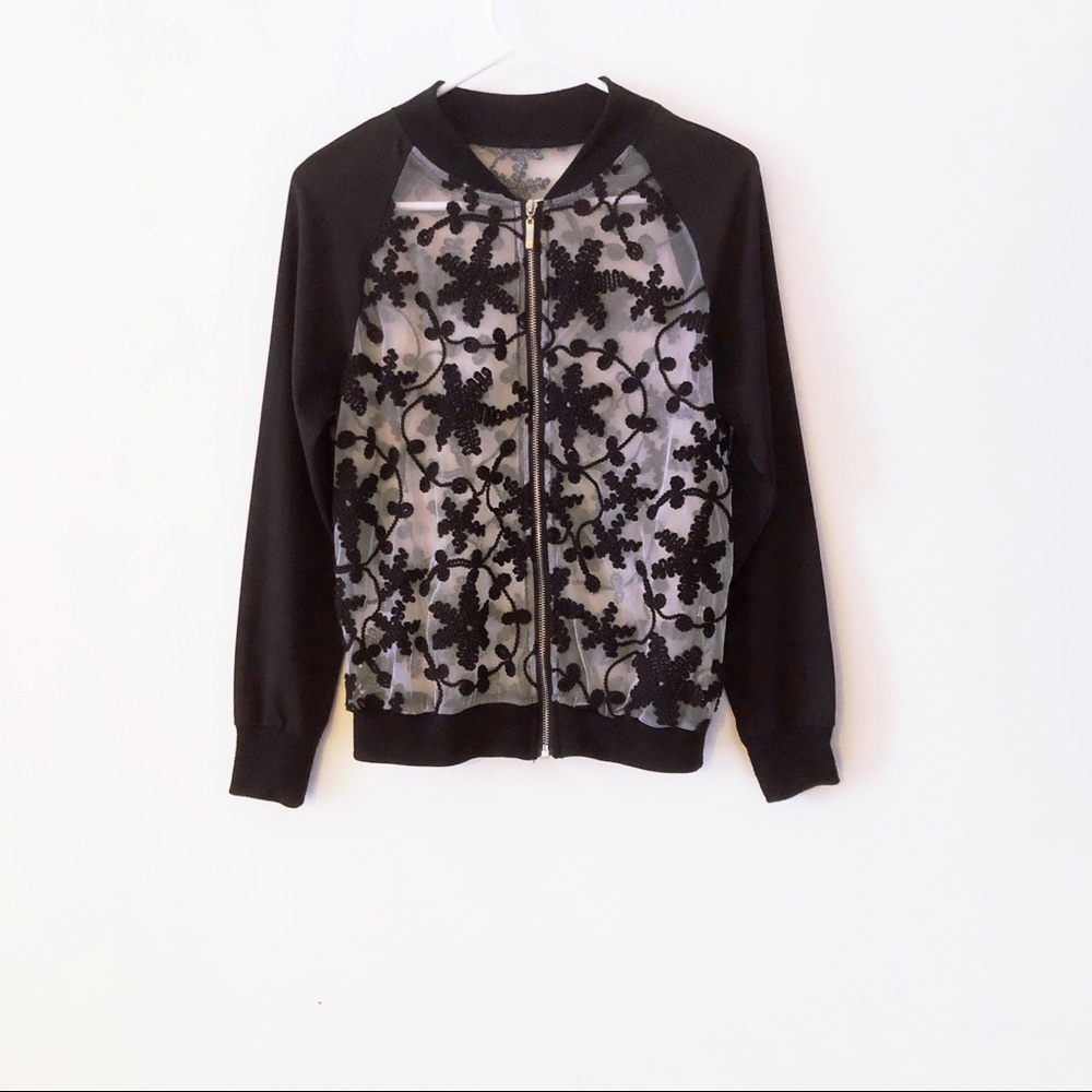 Black Floral Zipup Long Sleeve